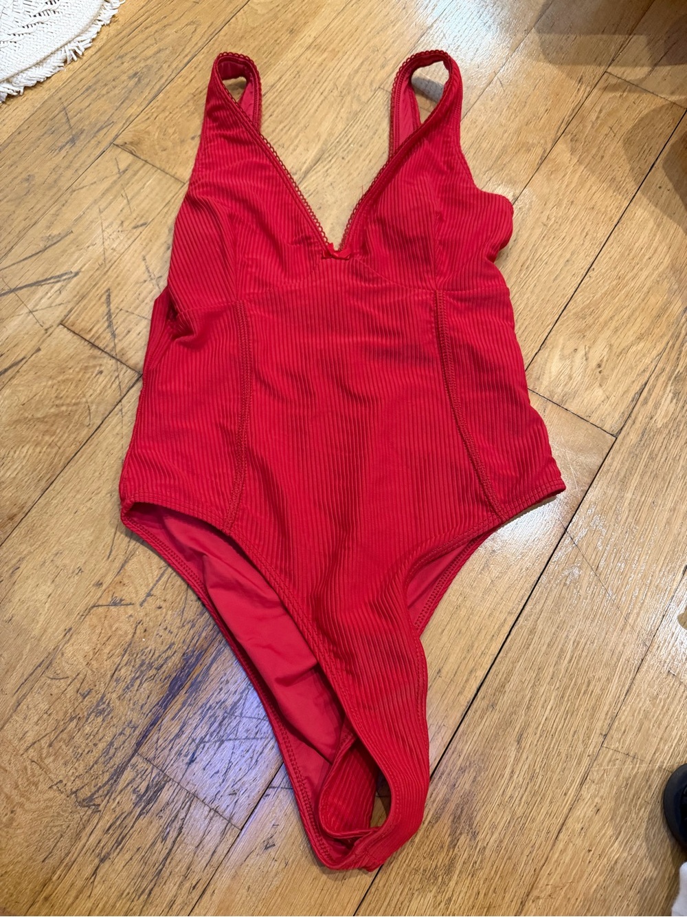 Frankie's Bikinis Red Ribbed V-Neck One-Piece Swimsuit